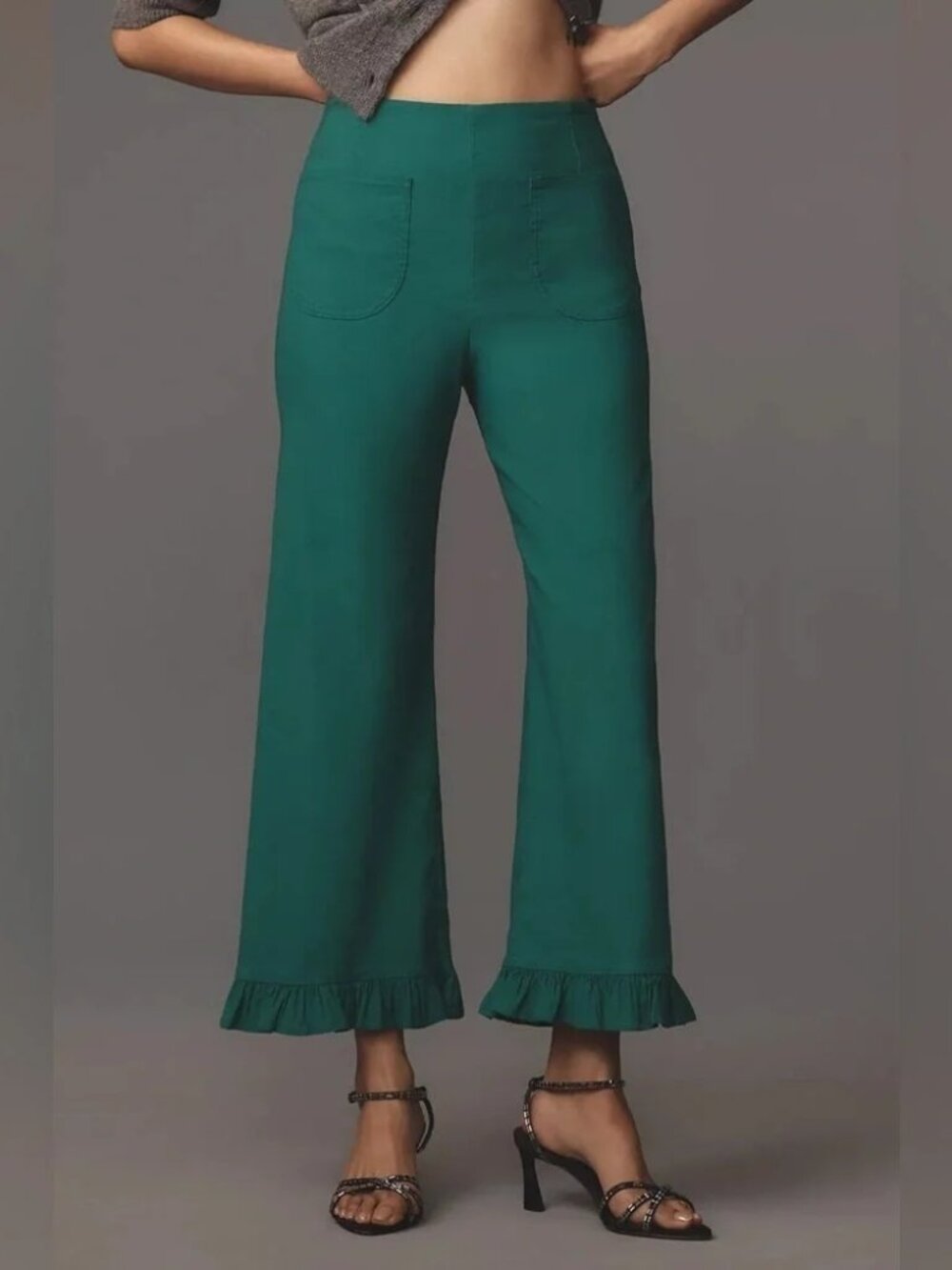 Anthropologie Maeve The Colette Ruffle-Hem Wide-Leg Pants Green Size 31" Preppy